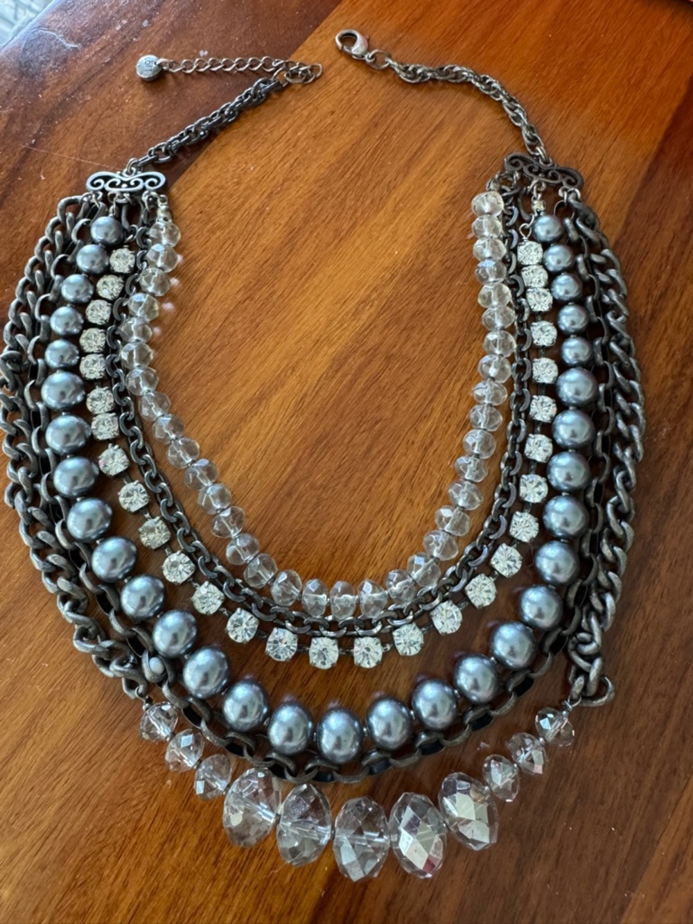 Layered Crystal & Hematite Beaded Statement Necklace - Silver Gray